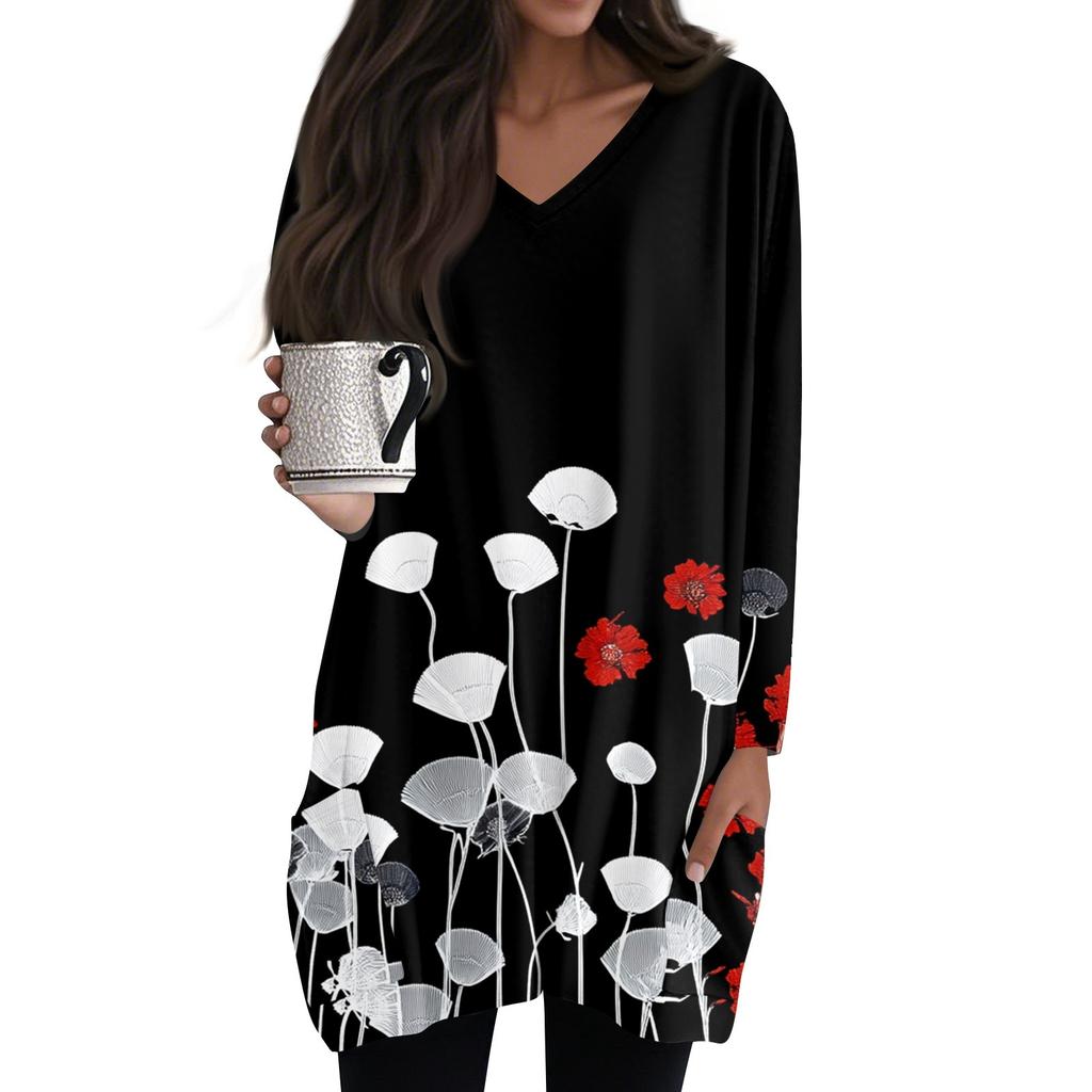 Damen Oberteile V-Ausschnitt Langarm Blusen Lässige Mittellange Hemden Mode Druck Tunika Oberteile Mit Taschen
