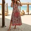 Women Fashion Round Neck Ethnic Color Circle Printed Short Sleeve Side Slit Dress Casual Vacation Dress Long Loose Dress