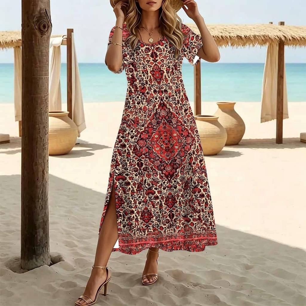 Women Fashion Round Neck Ethnic Color Circle Printed Short Sleeve Side Slit Dress Casual Vacation Dress Long Loose Dress
