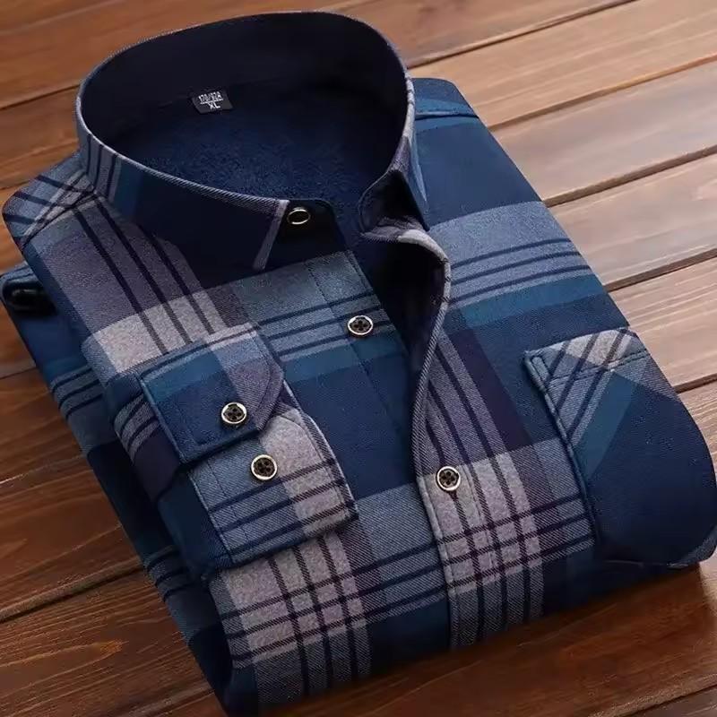 2026 Men's Autumn Winter Thick Warm Long Sleeve Plaid Shirt Thick Fleece Warm Casual Shirts for Men Oversized Plaid Shirts Male