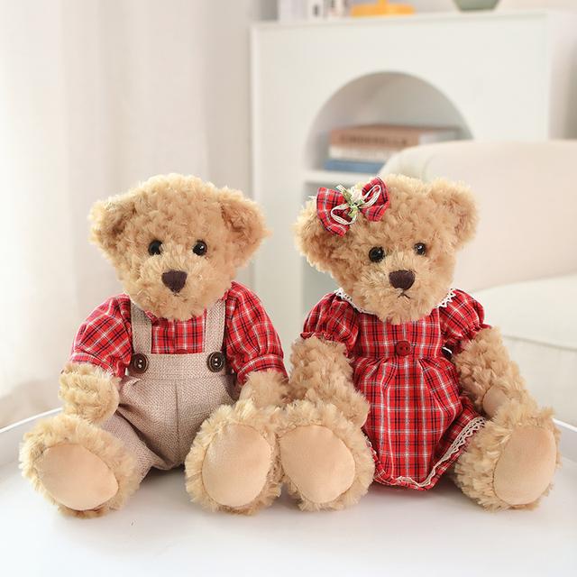 A Pair 26cm Cute Couple Teddy Bear with Cloth Plush Toys Stuffed Dolls Toy Kids Baby Girls Children Girl Birthday Christmas Gift
