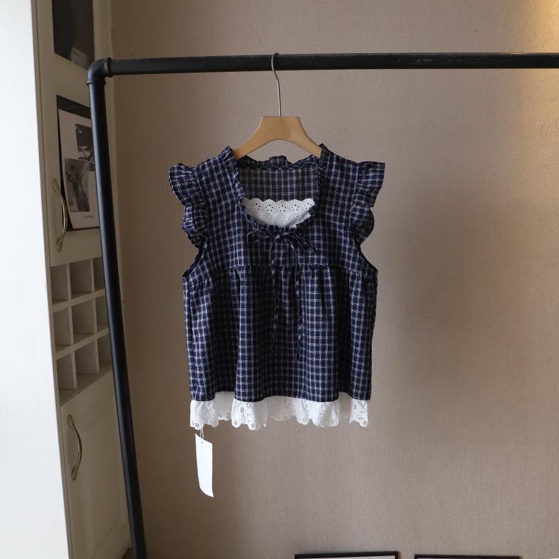 

2025 Корейський стиль Без рукавів Клітчастий Топ з мереживною обробкою та зав язками 3998 One Size синій