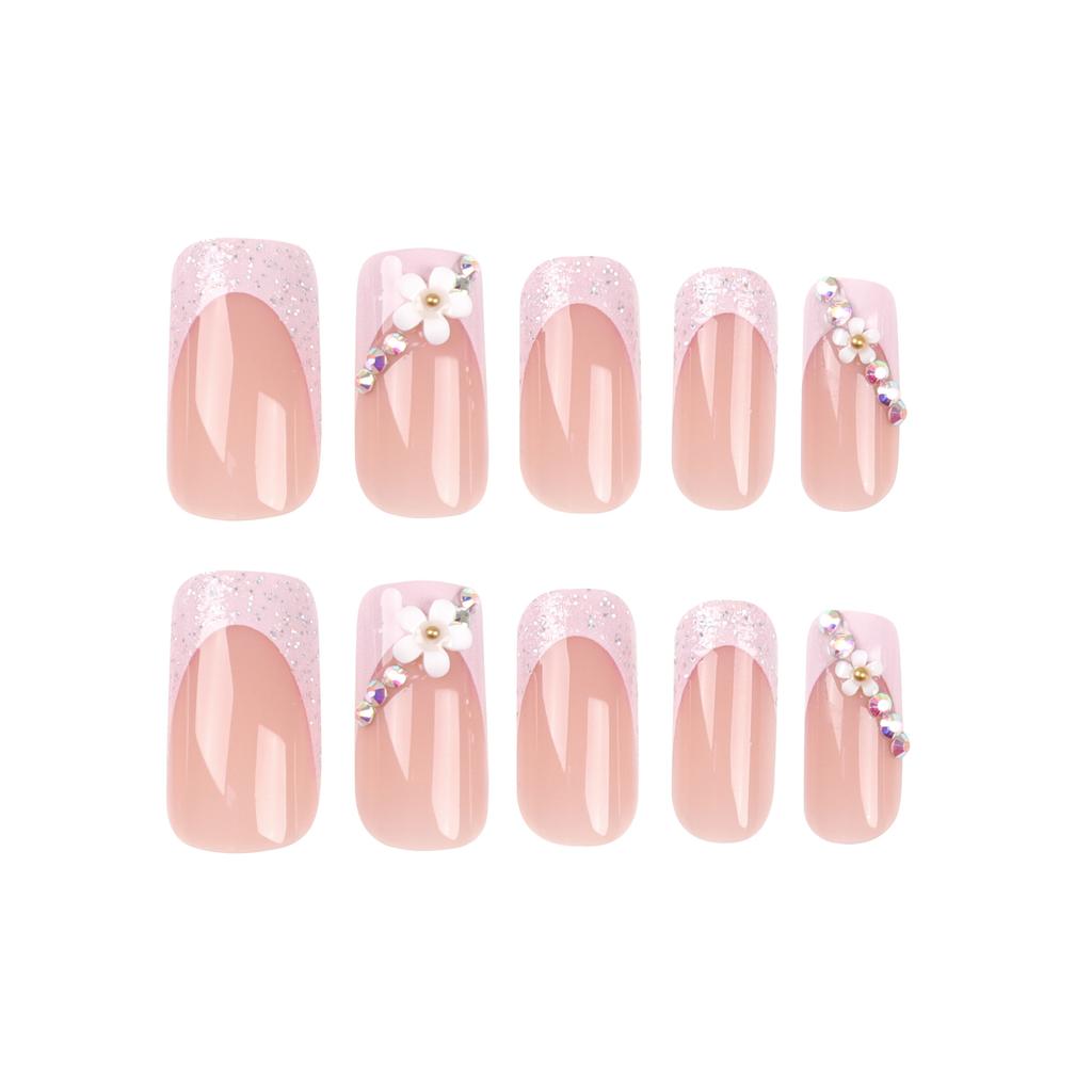 24 pezzi Indossare unghia Pezzo finito Nail Art Patch Fiore Flash Diamante Ins French Quadrato Indossare unghia