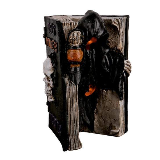 Halloween Skull Book Statue Spooky Resin Skull Spider Web Book Figurine with Grim Reaper Gothic Home Tabletop Decor