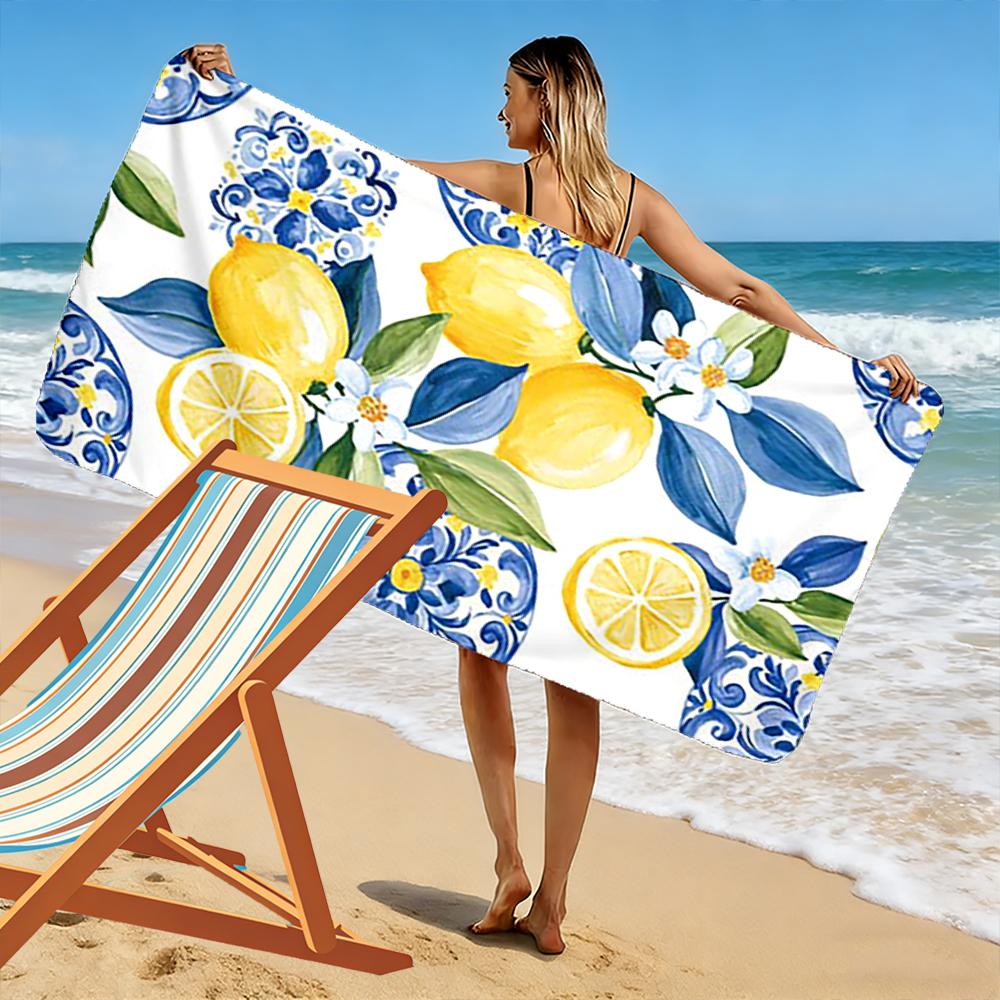 Lemon and Blue Floral Pattern Towel Beach towel quick-drying for travel outdoor sports jogging beach and swimming