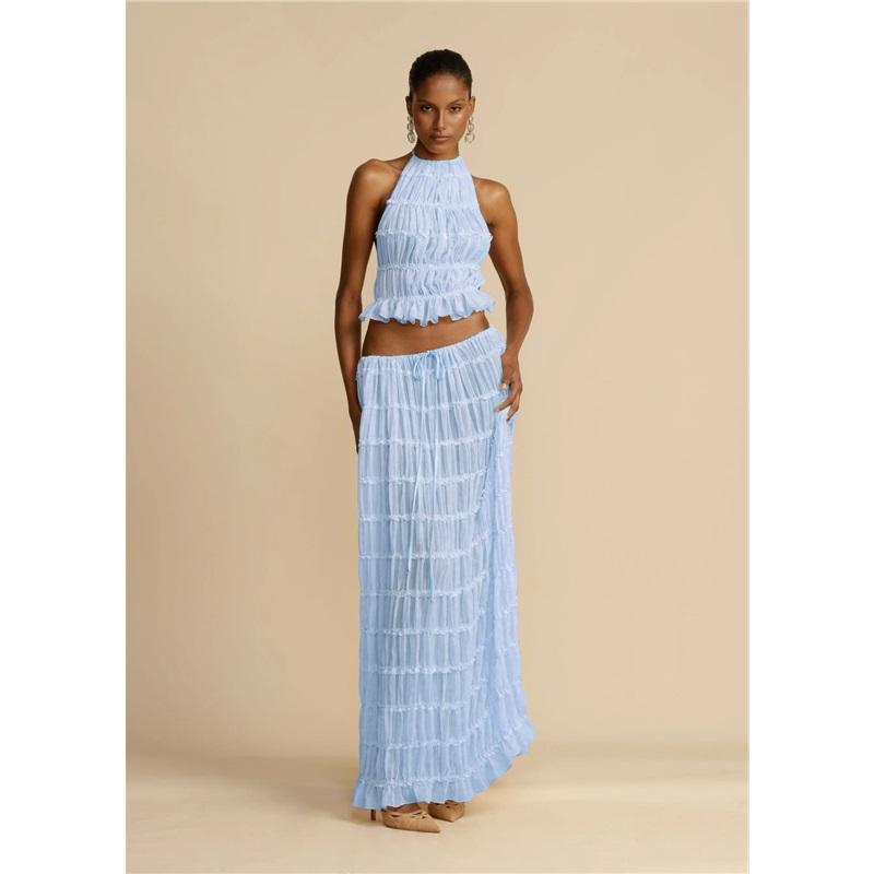 Damen Neuer einfarbiger 2-teiliger lässiger Neckholder-Tragekomfort Mehr Sommer Ärmellos Locker Urlaub Damen Rockanzug