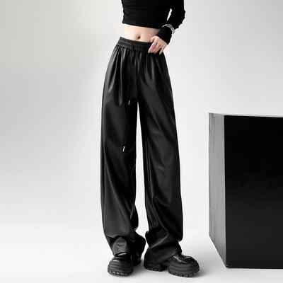 Women's PU Leather High Waist Trousers - Slimming, Versatile, Black with Narrow and Wide Leg Options