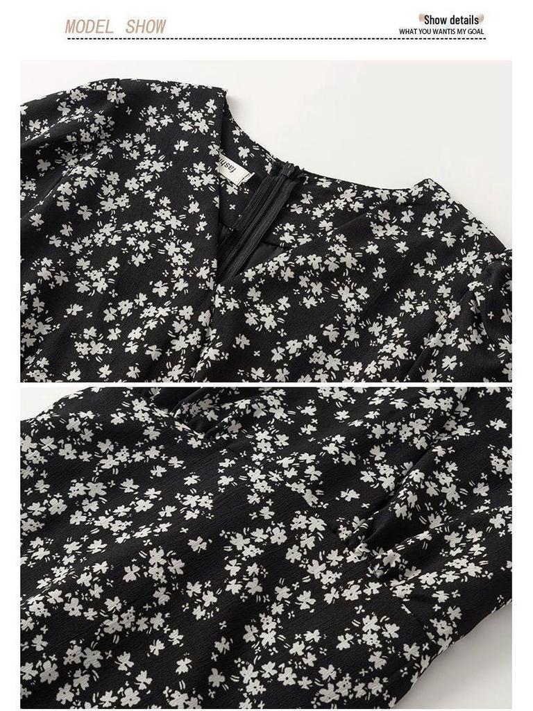 Elegant Chiffon V-Neck Long Sleeve Dress, Slimming Waist, Mid-Length Skirt, Women's Spring/Autumn 2026 New Arrival
