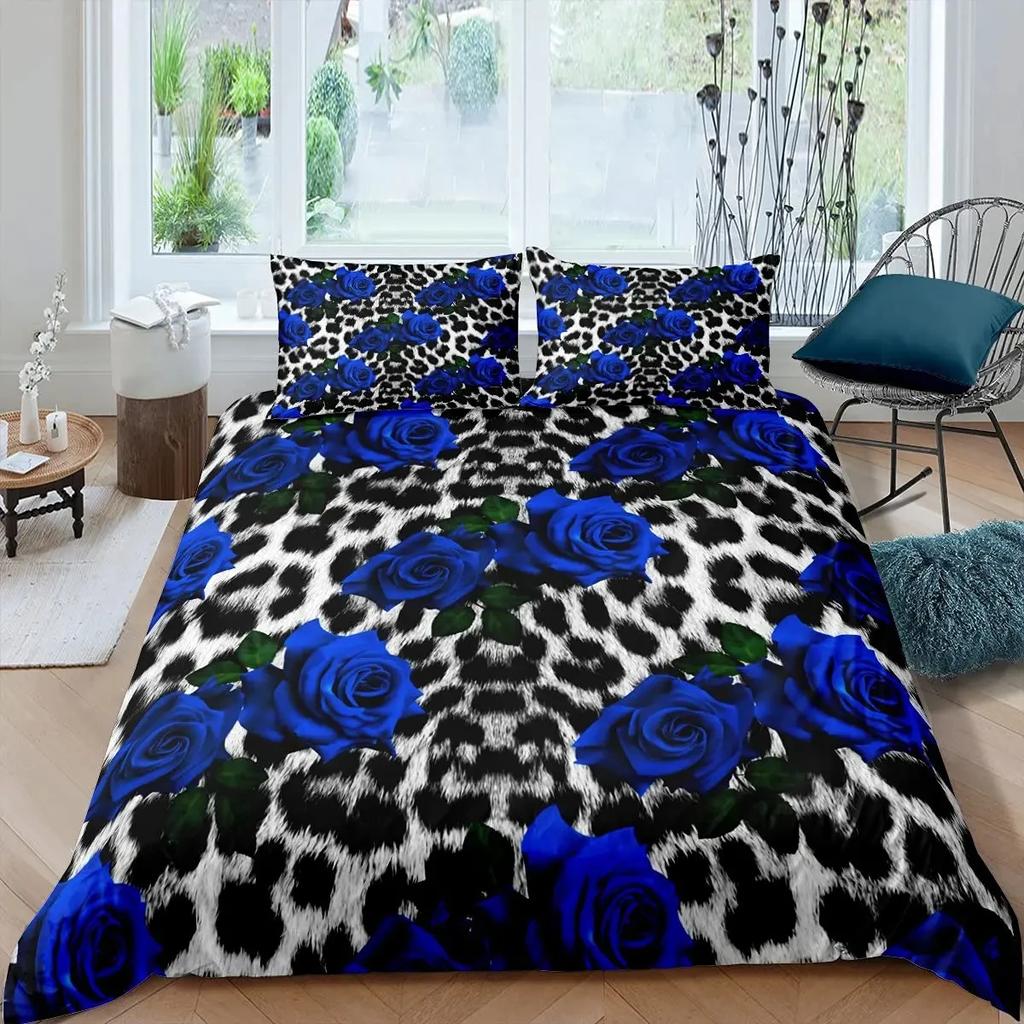 Blue Rose Duvet Cover Set King Size 3D Printed Blossom Flowers Bedding Set Valentine's Day Botanical Polyester Comforter Cover