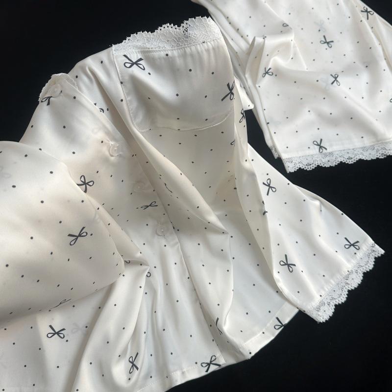 Yase Cream Polka Dot Bow Pajamas with Lace Trim - Cute and Girly Spring Collection