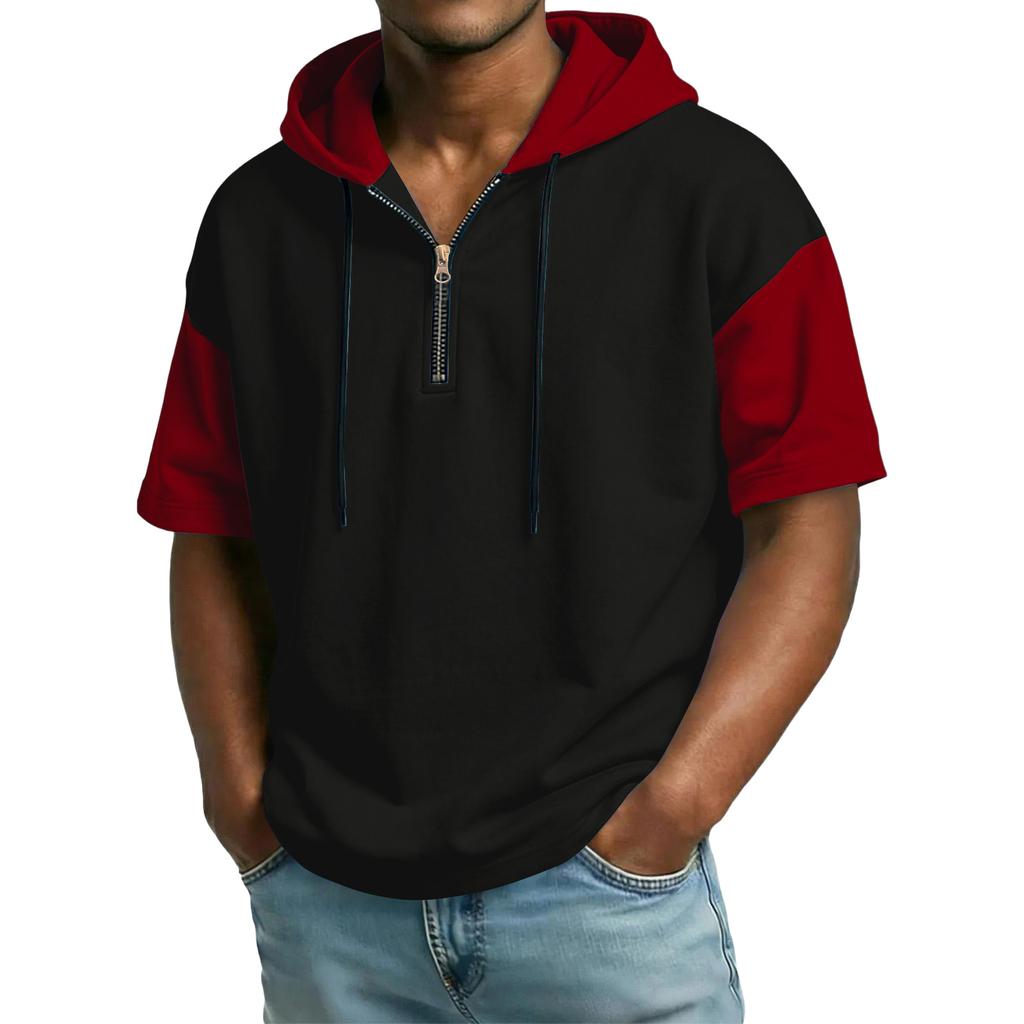 Men's Casual Hooded Zipper Neck Sweatshirt Short Sleeve Top