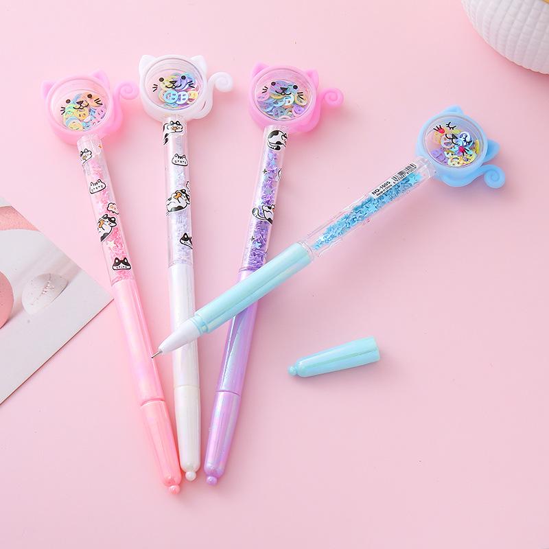 12 Pcs Cute Blue-Barrel Cat Quicksand Ballpoint Pen, Double Sequins Sparkly Writing Pen, Student Daily Writing, Stationery Gifts Office Supplies
