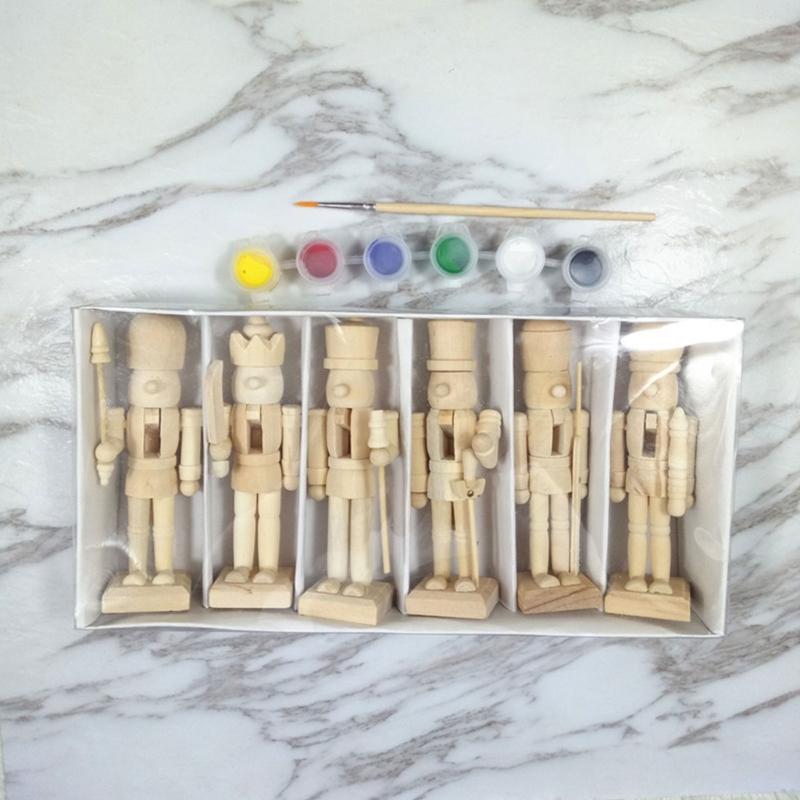 6pcs Christmas Nutcrackers Soldier Unpainted DIY Wood Walnut Figures with Paint and Brush Unfinished Nutcrackers Decor