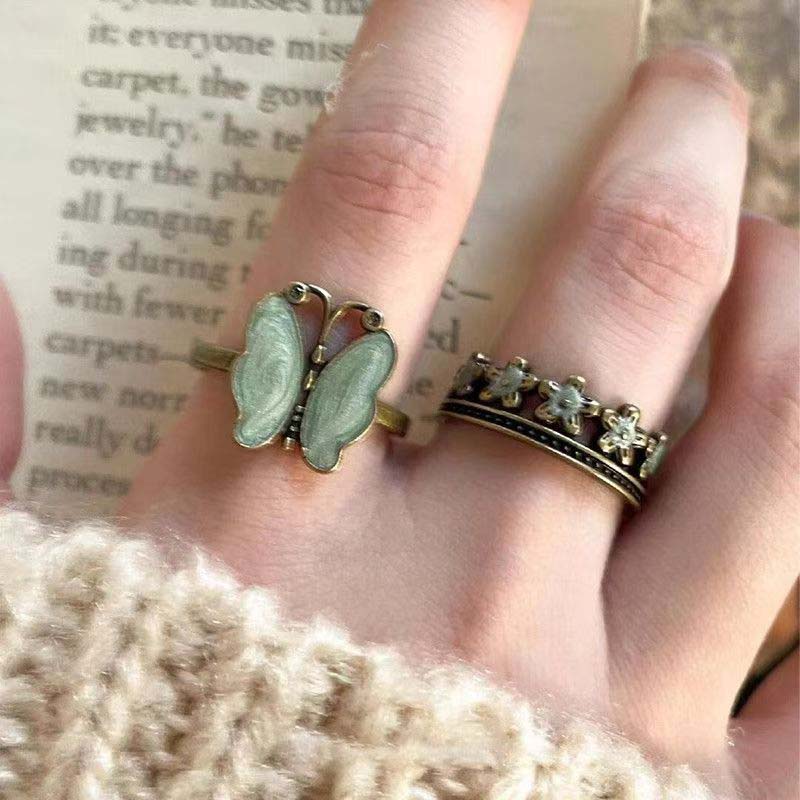 Vintage Zinc Alloy Color Butterfly Flower Opening Ring For Women Men Punk Hip Hop Metal Adjustable Finger Rings Zircon Gift
