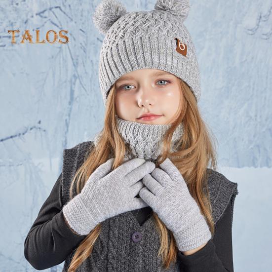 Kids Winter Hat Gloves Scarf Set Cold Weather Knitted Bear Hat with Pom Fleece Lined Neck Warmer Mitten Set for Girls Boys Ages 4-10 Outdoor