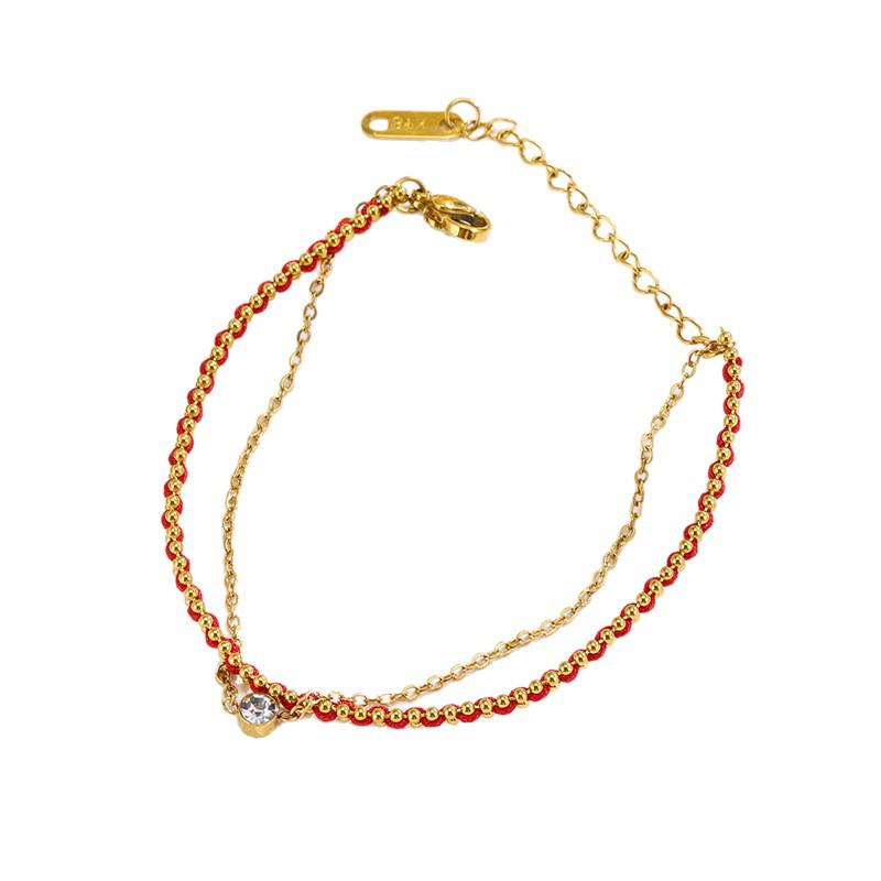 Elegant Red Rope Bracelet: Double Layer with Diamond, Titanium Steel, Chinese Style, for Women's Luck and Fashion.