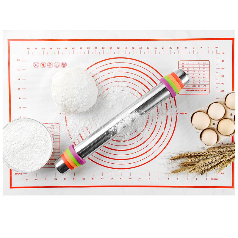 Adjustable Stainless Steel Rolling Pin Silicone Baking Mat Dough Roller 4 Removable Thickness Ring Cake Pizza Pastry Baking Tool