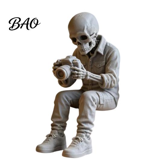 Odorless Skull Sculpture 3D Printed Sitting Skeleton Statue, Halloween Indoor Decor Figurines, Mini Trendy Outfit Statue Figurine Home for Living Room