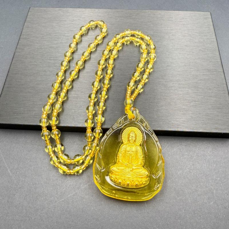 Classic Chinese Yellow Inlaid Guanyin Necklace Pendant Charm Jewelry Blessing Lucky Amulet Gifts For Women Men