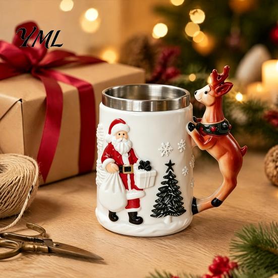 Decorative Desk Pen Holder Christmas Santa Claus Coffee Mug with Reindeer Handle, 300ml 3D Collectible Drinkware Embossed Resin Holiday Cup