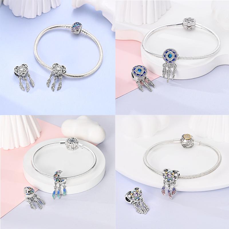 Fashion Copper Feather Colorful Luminous Dreamcatcher Charms Bead Fit Original Bracelets Exquisite Diy Jewelry Gift