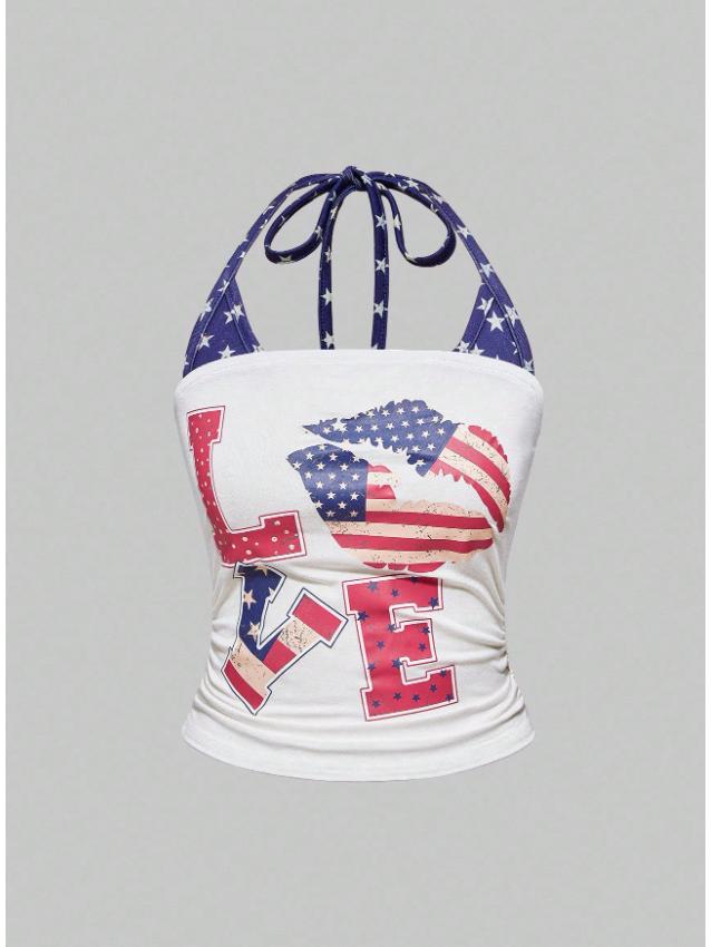 American Sporty Casual Two-Piece Set: Rhinestone Halter Top & Striped Lace-Up Shorts