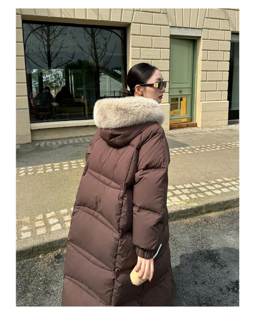 Longue Doudoune à Capuche pour Femme avec Fourrure de Renard Véritable, 90% Duvet de Canard Blanc, Longueur au-Dessus du Genou, Épaisse et Chaude