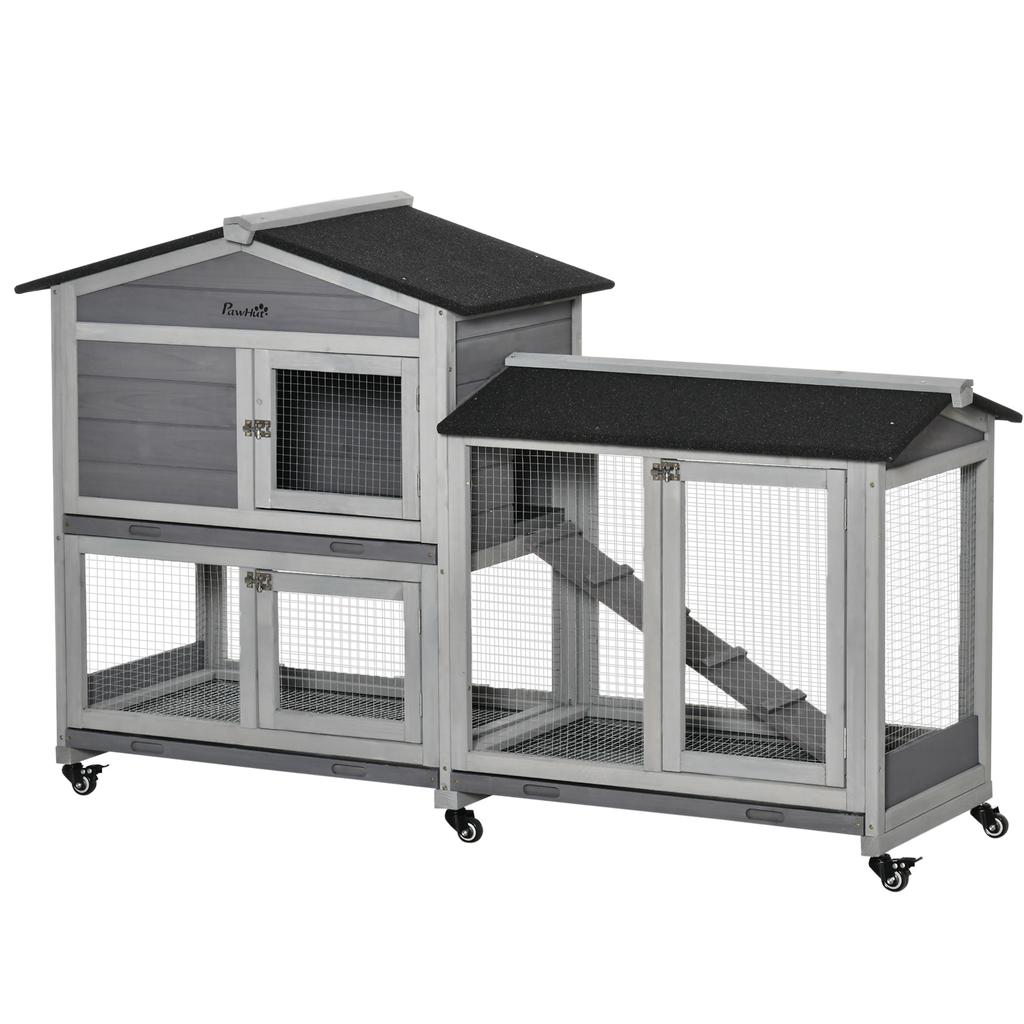 Wooden Rabbit Hutch, Guinea Pig Cage, with Wheels, Run, Slide-Out Tray, Ramp
