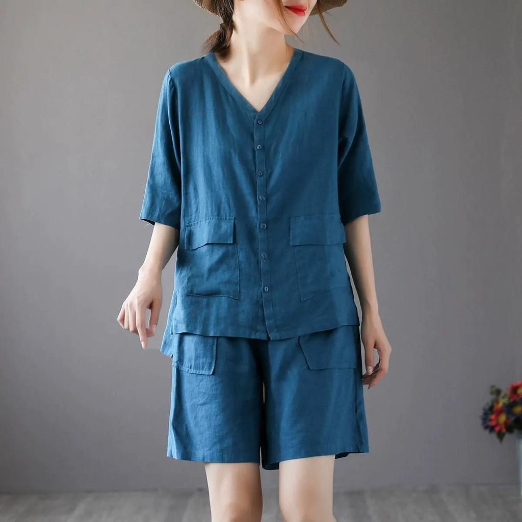 Summer Casual Sports Suit Women's V-neck Cotton and Linen Short-sleeved Shirt and Shorts Two-piece Suit