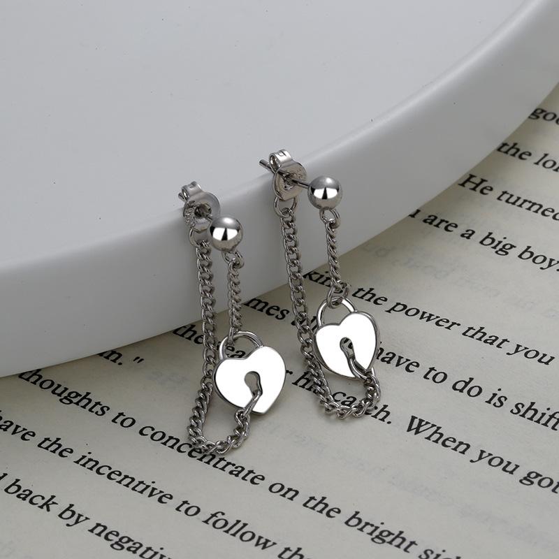 

CIAXY Silver Color Retro Love Heart Lock Earrings for Women Back Hanging Long Chain Earrings New Trendy Jewelry