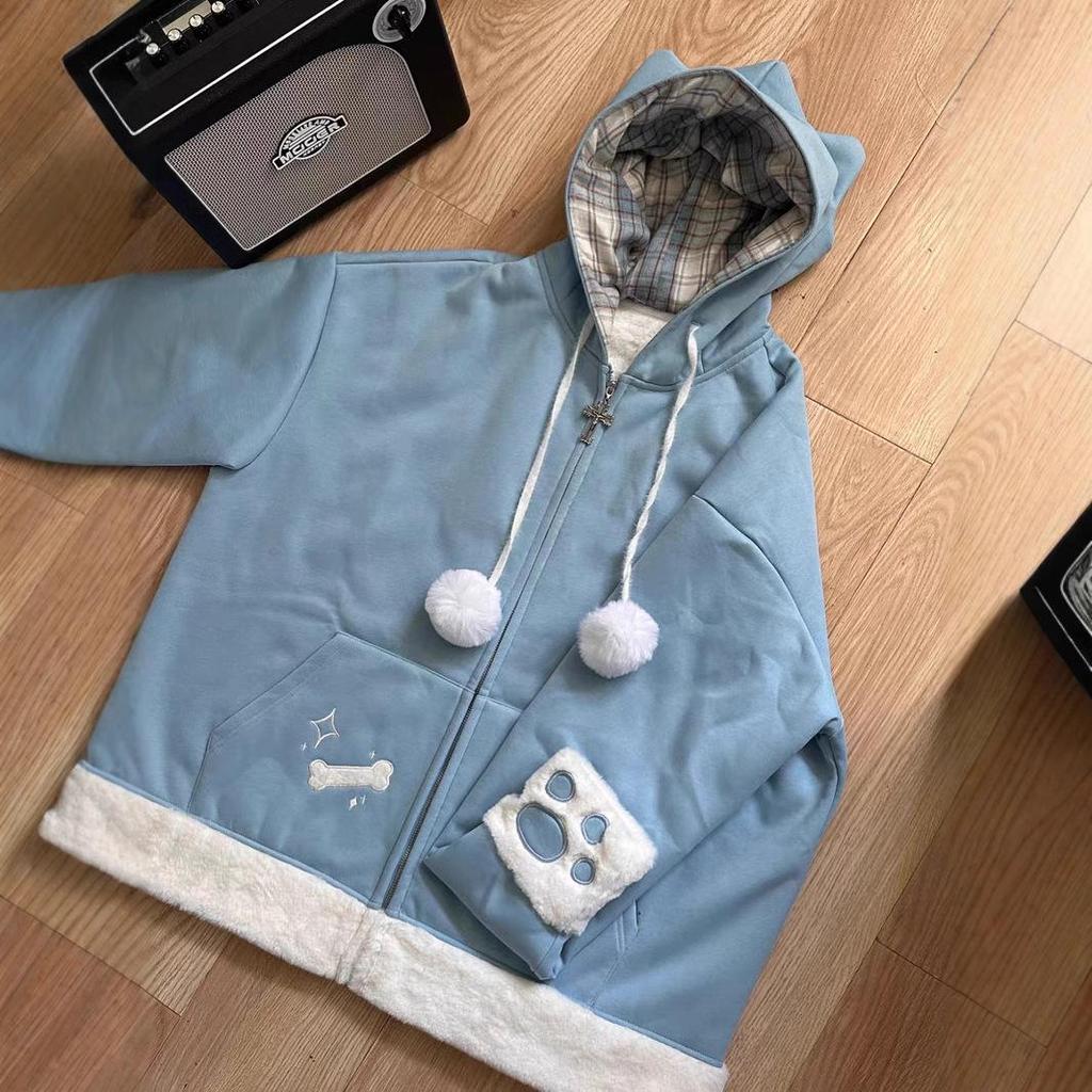 Hanorac cu glugă cu urechi de pisică, patchwork carouri Y2K Millennial - Jachetă de damă căptușită cu fleece pentru toamnă și iarnă