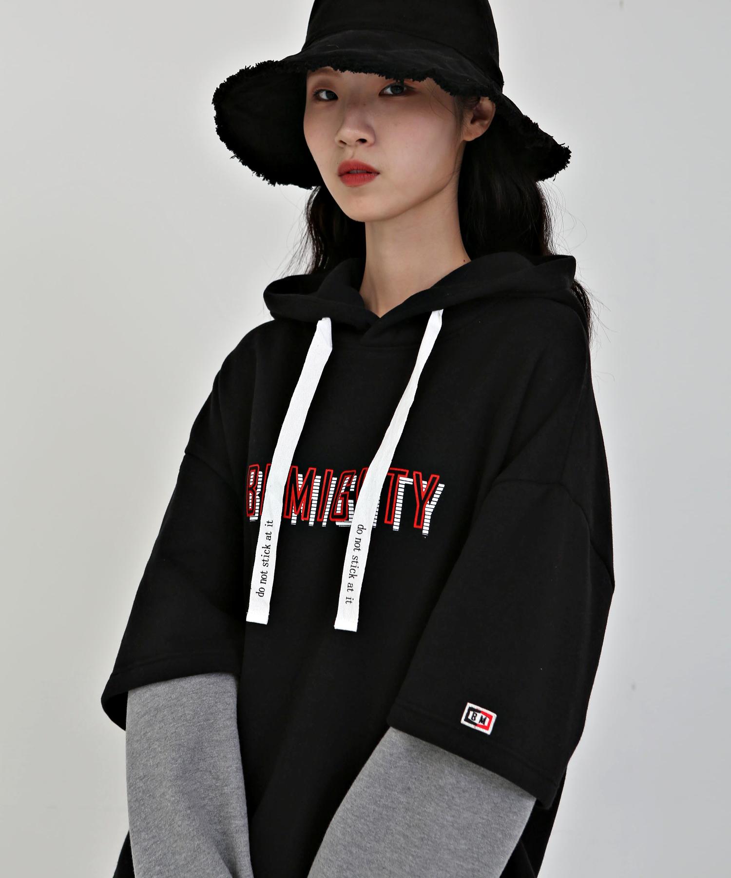 B Mighty Sleeve Layered Oversized Fleece Hoodie Black Black/L