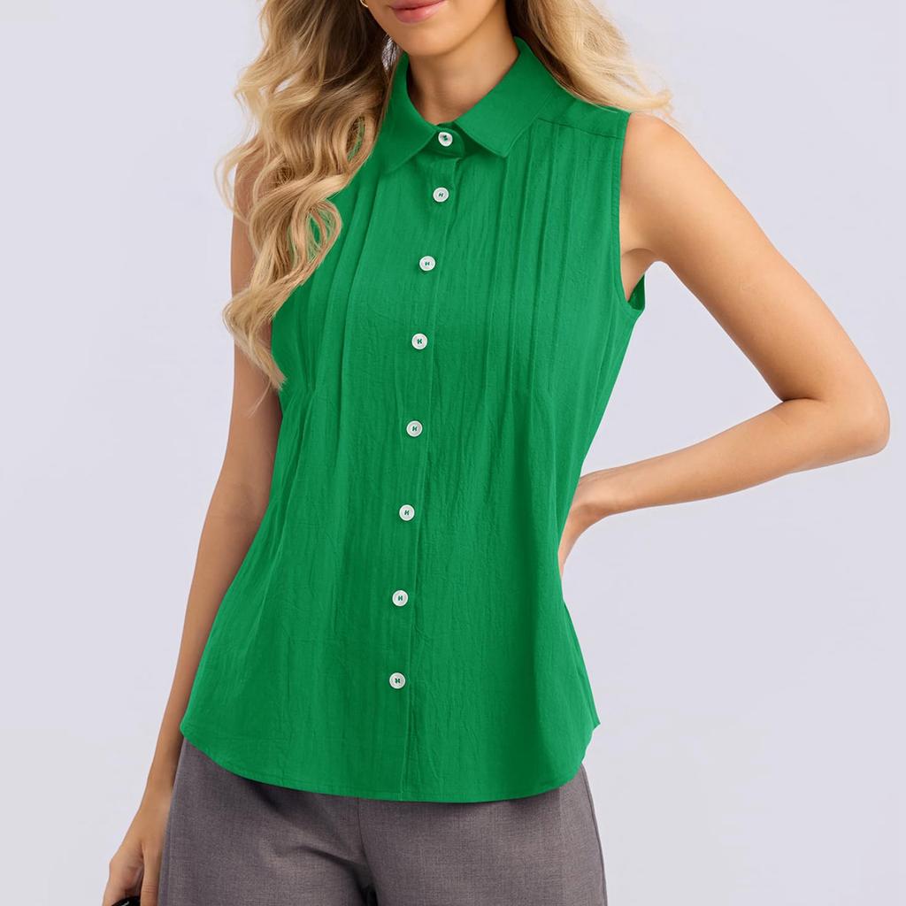 Women Sleeveless Button Down Shirt Summer Casual Collared Blouse Front Pleated Basic Tank Top Lightweight Breathable Fabric