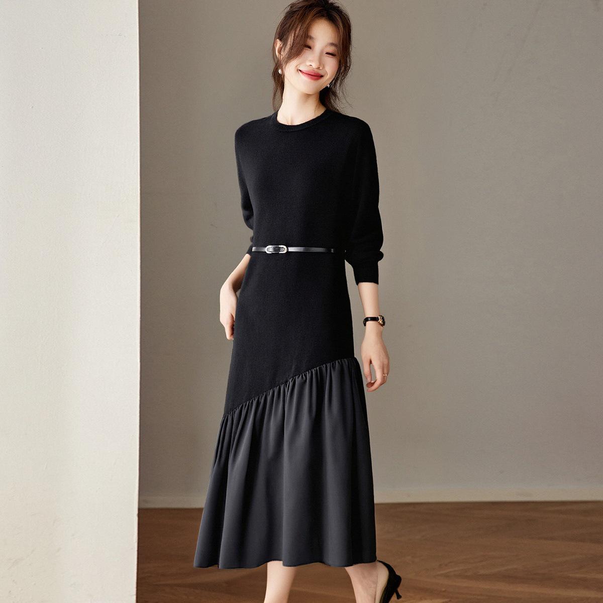 Chic French Patchwork Knit Dress for Women - Autumn/Winter 2025 Slimming Wool Base Layer with Tie-Up Detail L чёрный