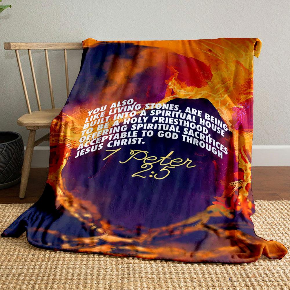 

1 Peter 2:5 Themed Flannel Throw Burning Stone, Sacred Verse,Printed Blanket for LivingRoom Bed Couch lunch break Blanket for Friend s festival Gift 80cm x 120cm