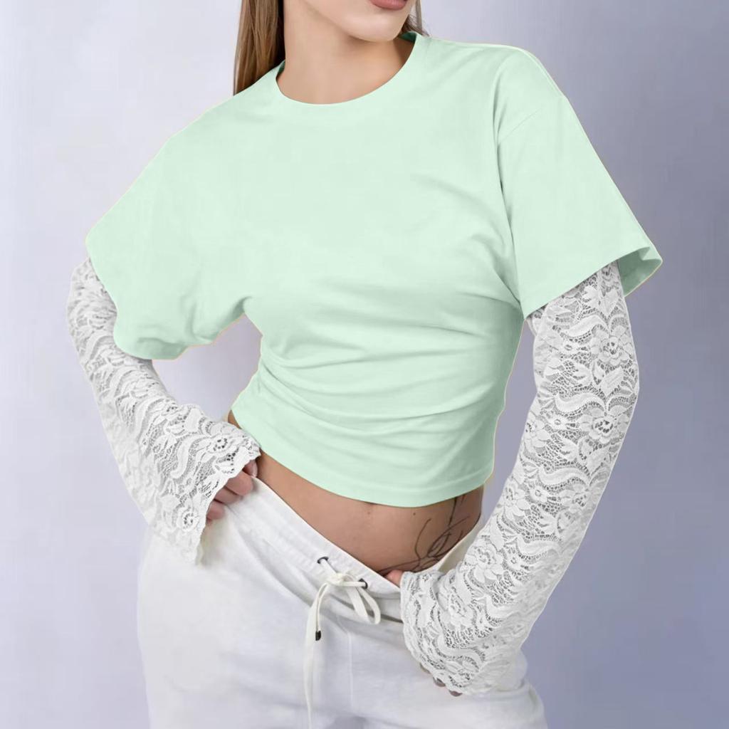 Women's Casual Round Neck Long Sleeve Lace Patchwork Pullover Top Color Blouse