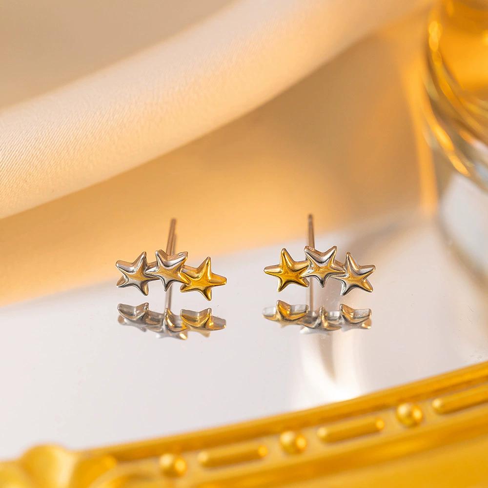 

Titanium Steel Contrasting Color Simple Pentagonal Star Earrings Starry Dual Color Compact Temperament 3-star Charm Jewelry золотий