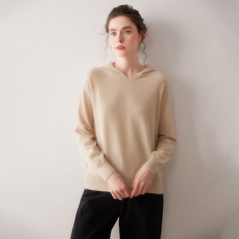 Women's 100% Pure Cashmere Hooded Sweatshirt - Autumn/Winter Long Sleeve Pullover Sweater.