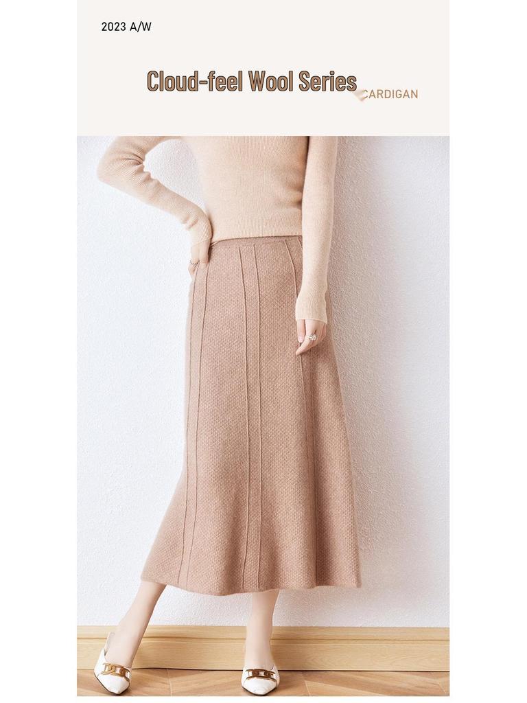Women's Wool A-Line Midi Skirt - Elastic High Waist, Flared, Slimming, Knitted for Autumn/Winter