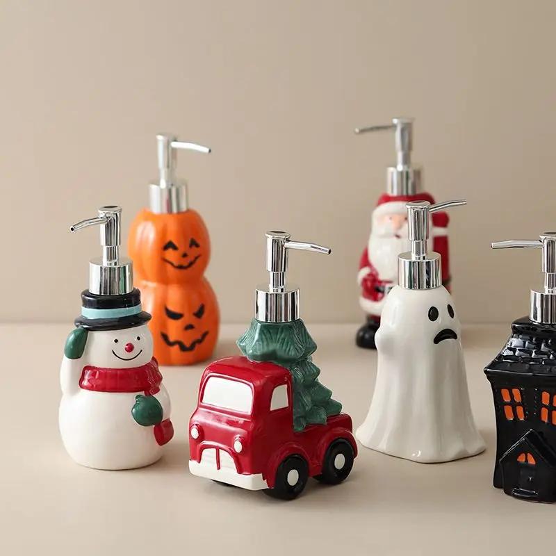 Bouteille en Céramique Peinte pour Noël Distributeur de Savon Liquide Désinfectant pour les Mains Shampoing Hydratant Distributeur à Pompe pour Hôtel Accessoires de Salle de Bain