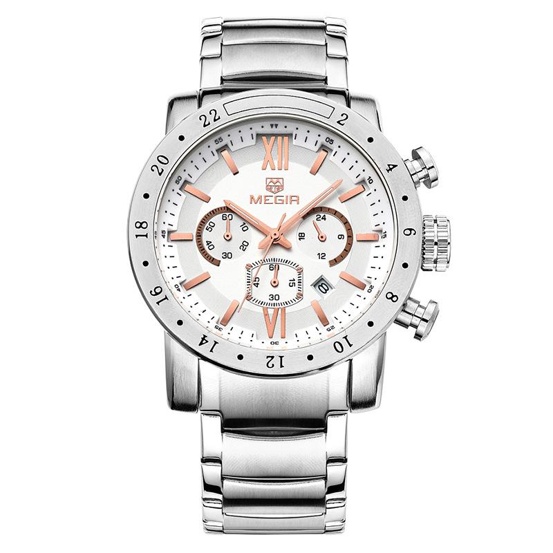 Megir 3008G 3008 Business Men's Dress Big Wrist Watches Chronograph Clock Stainless Steel Band 24 Hours Quartz Stop Watch Man