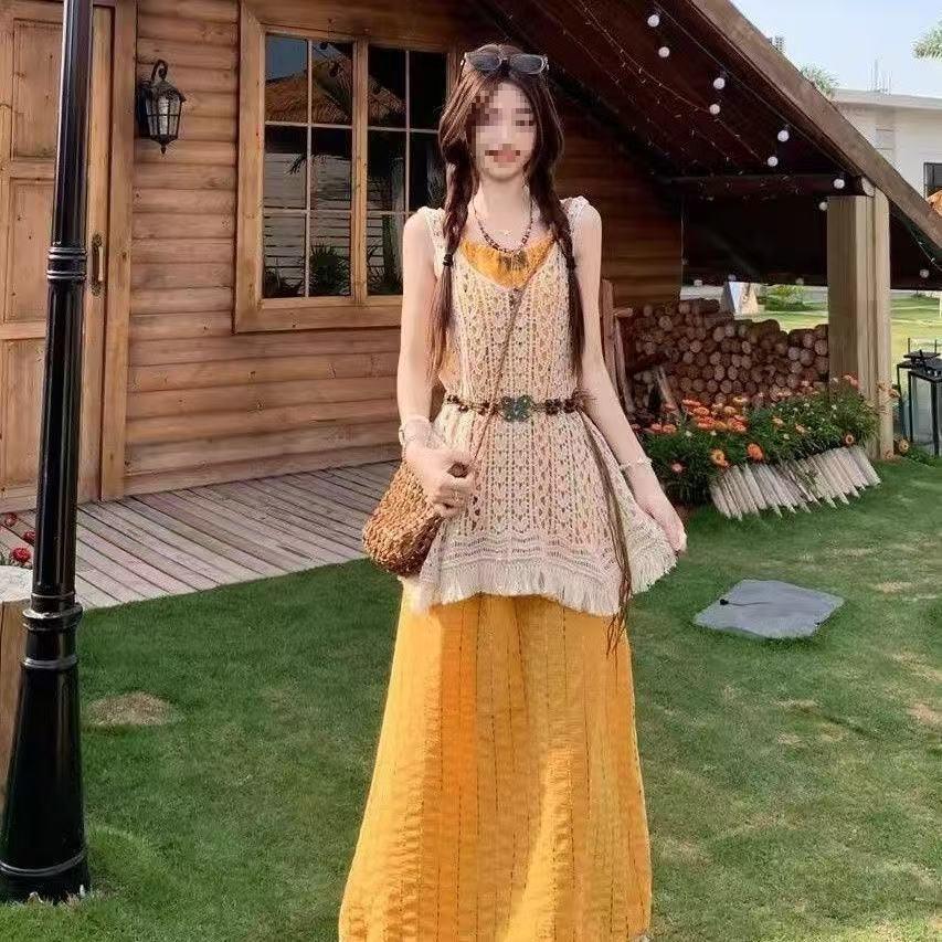 Bohemian Holiday Style Suit, Korean Tassel Suspender Dress Stacked with Hollow Blouse, a Complete Set of Women's Summer