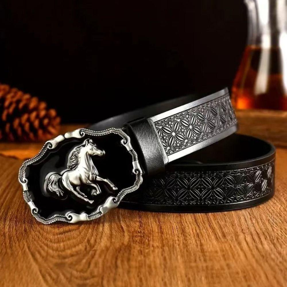 Luxury Design Floral Embossed Belt Running Horse Buckle Rodeo Outfit Waist Strap For Men Woman