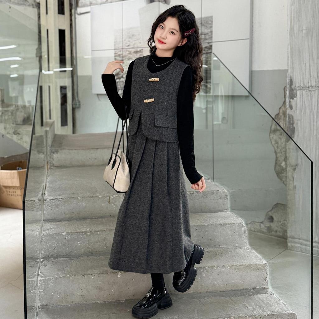 2025 Stylish Gray Vest and Skirt Set for Girls - Spring/Autumn Collection