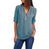 Plus Size Women Solid Color Loose Zipper V Neck Long Sleeve Chiffon Blouse Shirt
