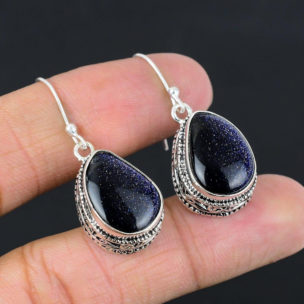 925 Sterlingsilber Blauer Sonnenstein Edelstein Tropfen Haken Vintage Ohrringe Schmuck