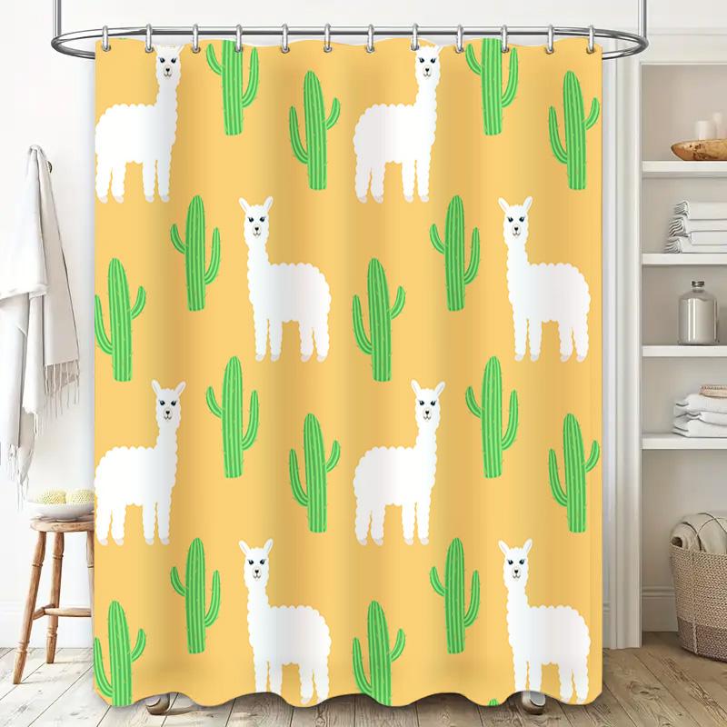 Outdoor shower curtain with cute llama cactus design for bathroom decor in yellow green pattern free shipping worldwide
