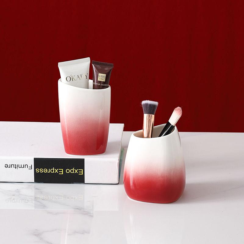 Gradient Red Ceramic Lotion Bottle Hotel Bathroom Toiletry Set Toothbrush Holder Mouthwash Cup Soap Dish Ceramic Soap Dispenser