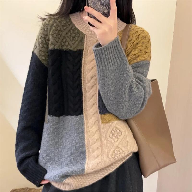 Women's Wool Sweater: Color Block, Korean Style, Round Neck, Long Sleeve Knitwear for Autumn/Winter