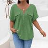 2026 Spring/Summer New Plus Size Solid Color Women's V-Neck T-Shirt Loose Top with Zipper Short Sleeves and Faux Pockets